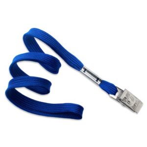 Blue premium nylon lanyard with bulldog style clip attachment.