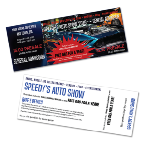 One or two sided printing for event tickets. Shows both sides of a ticket for an auto show event.